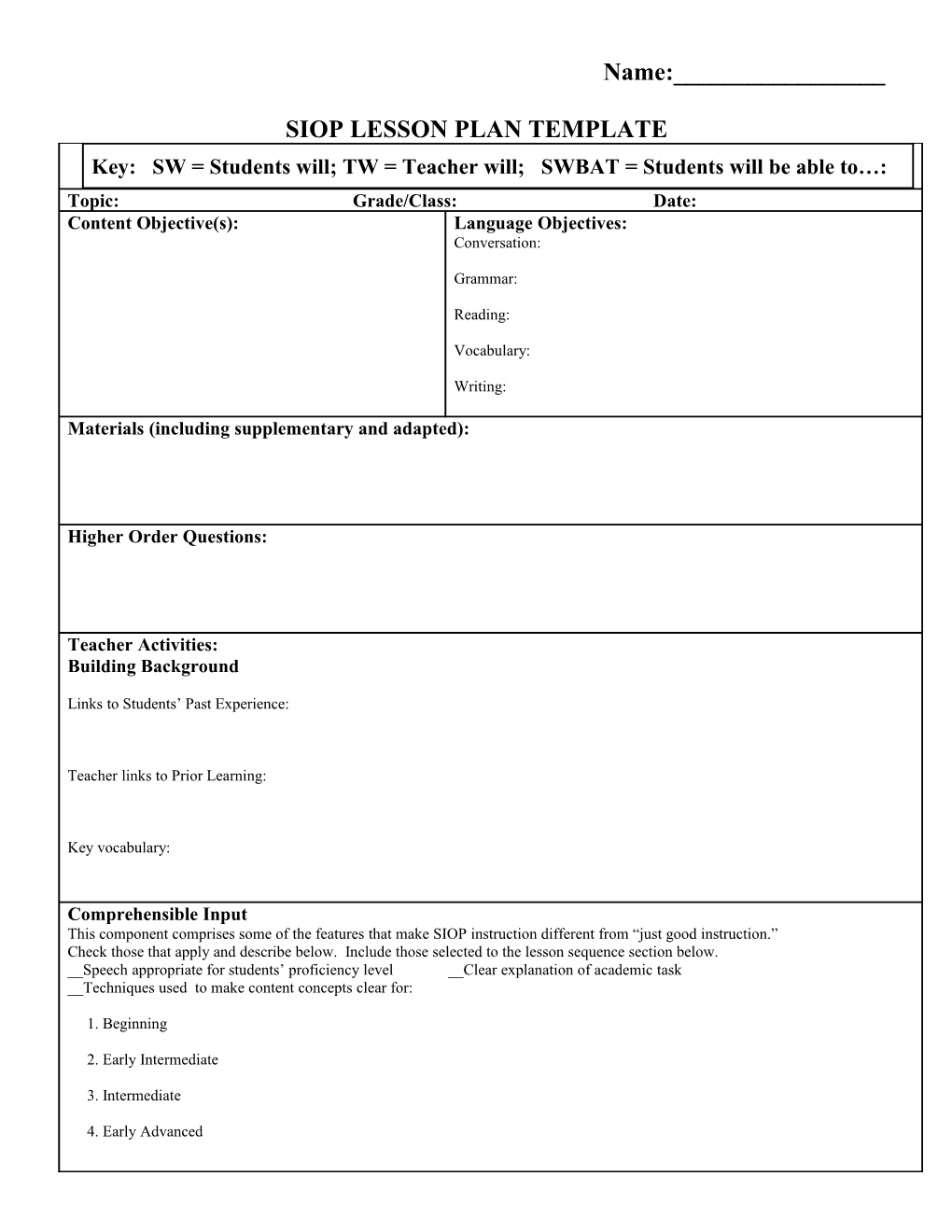 SIOP Lesson Plan Template