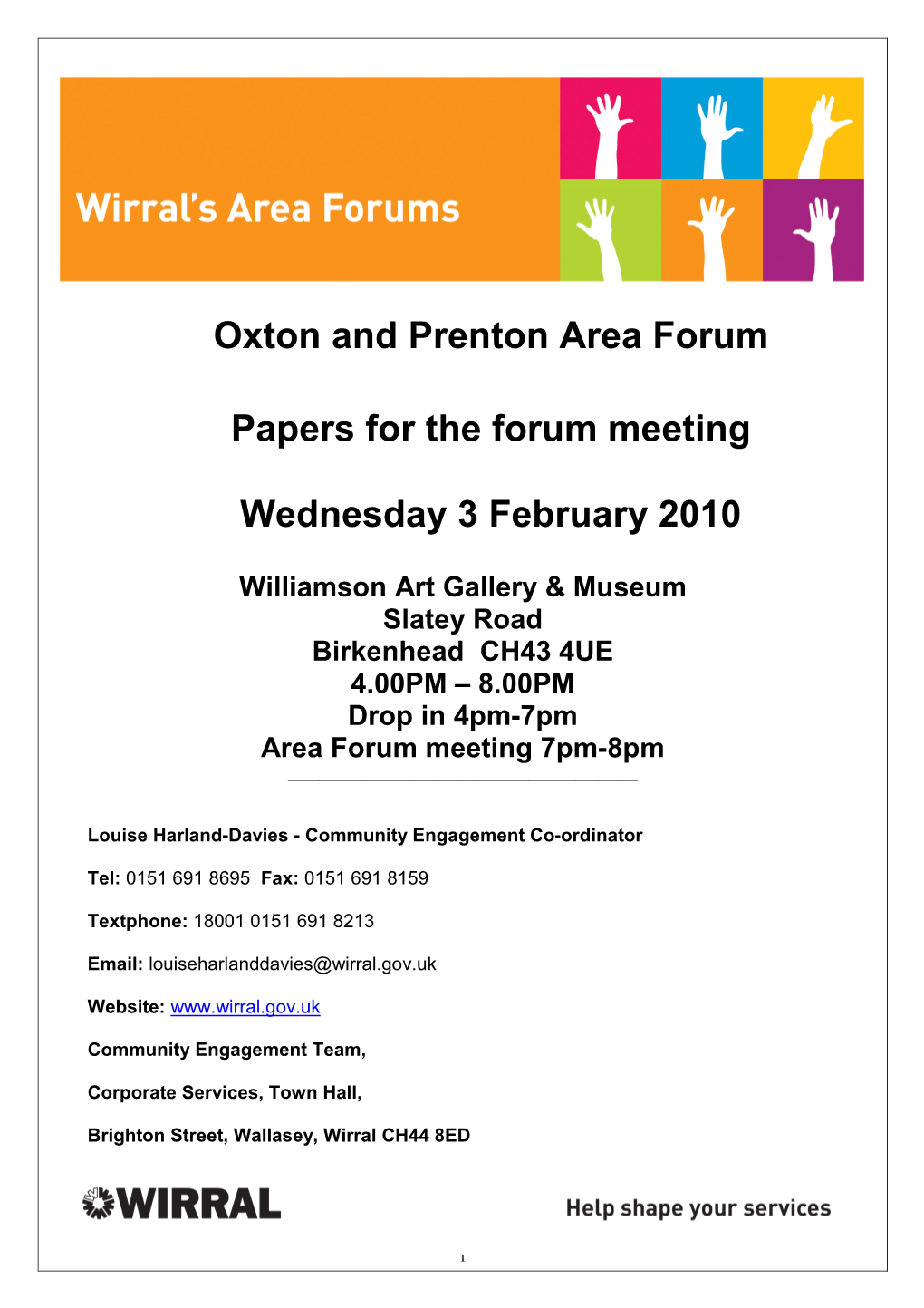 Oxton and Prenton Area Forum Papers for the Forum Meeting Wednesday 3 February 2010