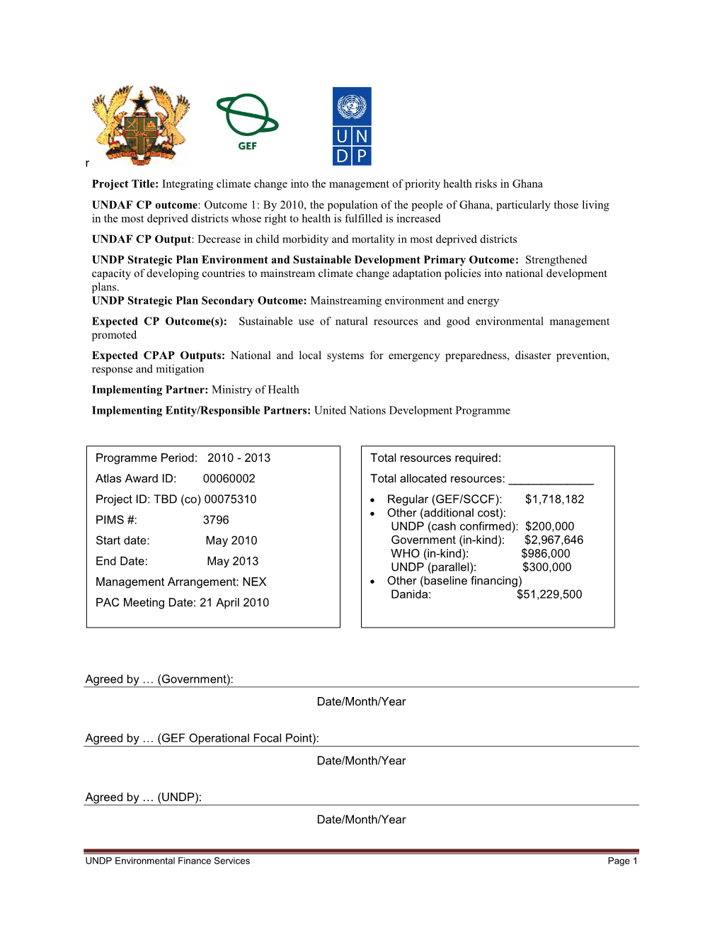 Project Document: Piloting Climate Change Adaptation to Protect Human Health