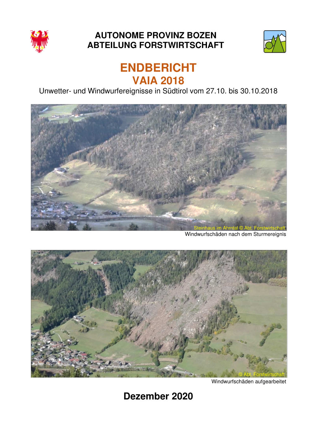 ENDBERICHT VAIA 2018 Unwetter- Und Windwurfereignisse in Südtirol Vom 27.10