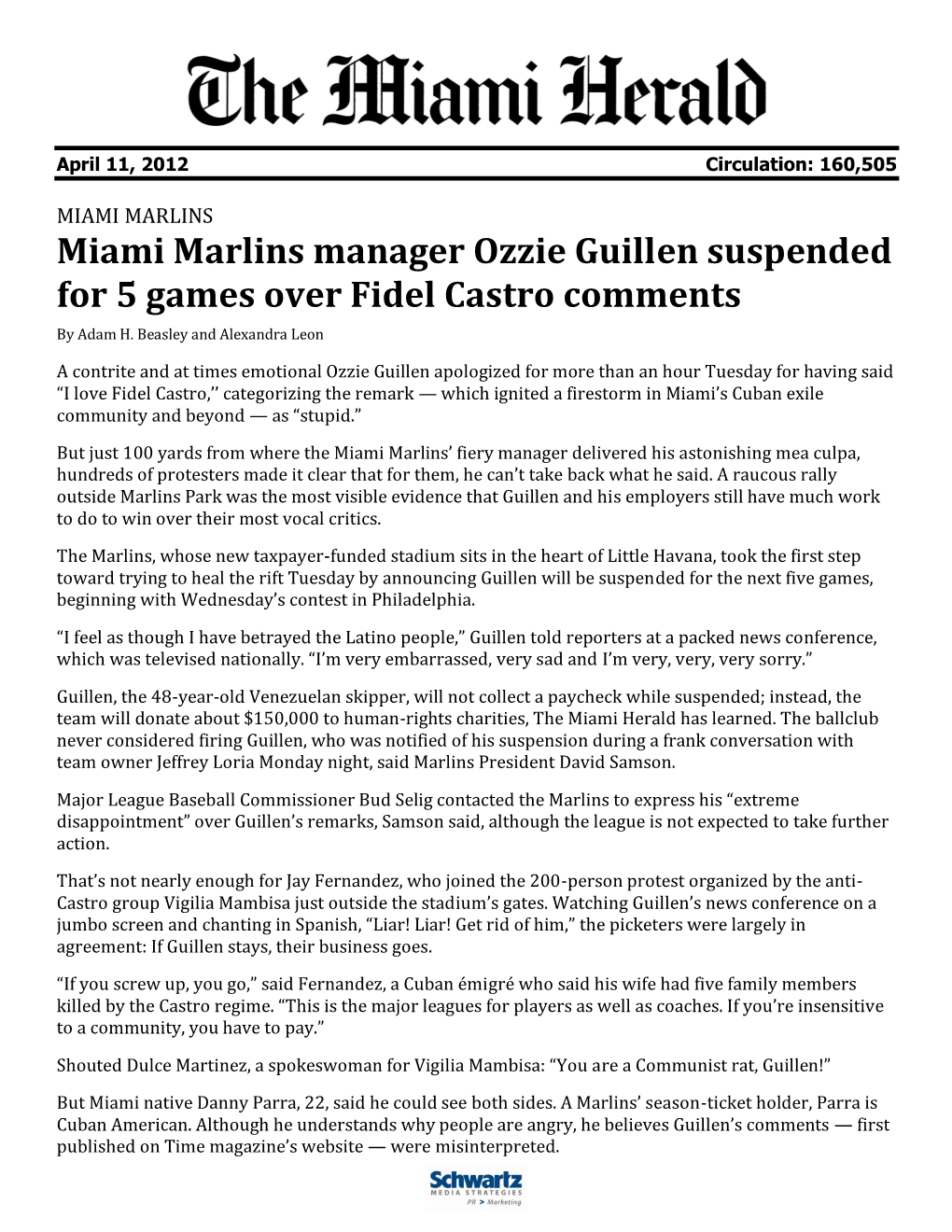 Miami Marlins Manager Ozzie Guillen Suspended for 5 Games Over Fidel Castro Comments by Adam H