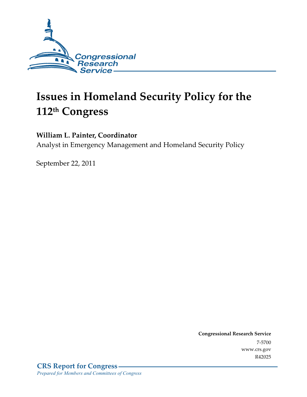 Issues in Homeland Security Policy for the 112Th Congress