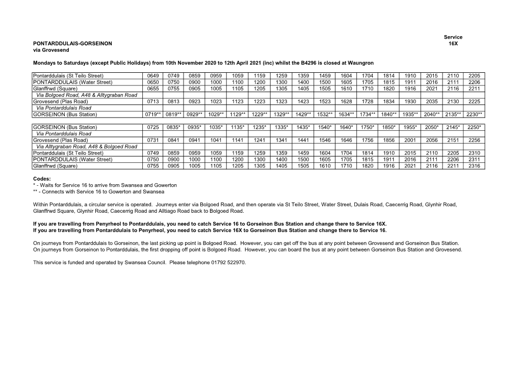 Service PONTARDDULAIS-GORSEINON 16X Via Grovesend