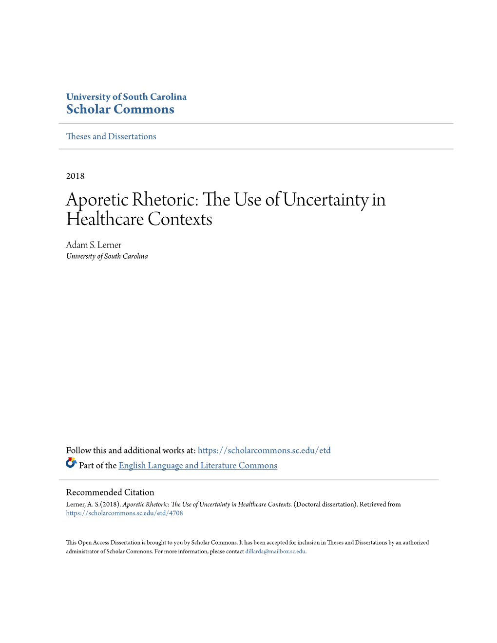 Aporetic Rhetoric: the Seu of Uncertainty in Healthcare Contexts Adam S