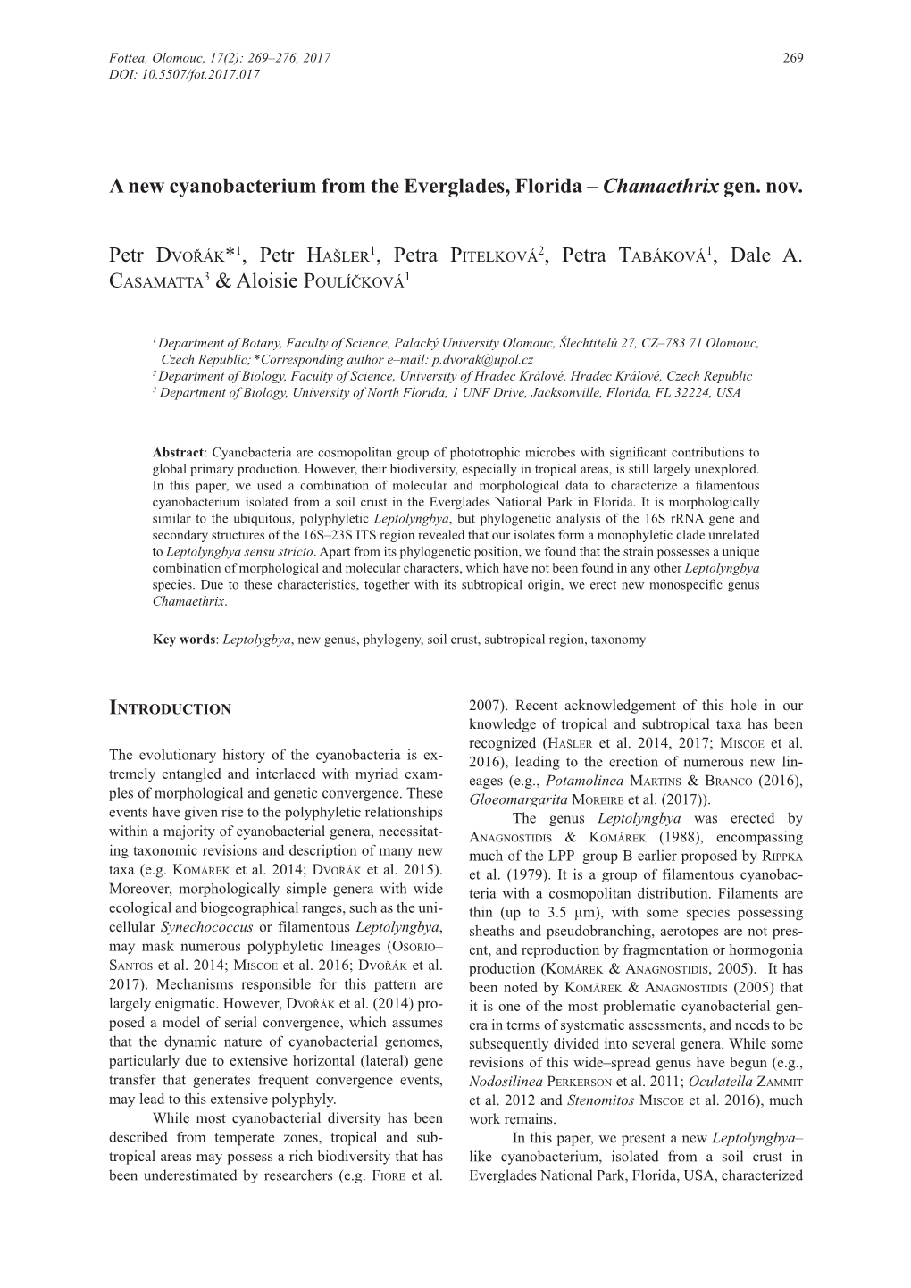 A New Cyanobacterium from the Everglades, Florida – Chamaethrix Gen