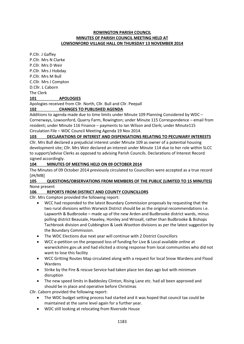 1183 Rowington Parish Council Minutes of Parish