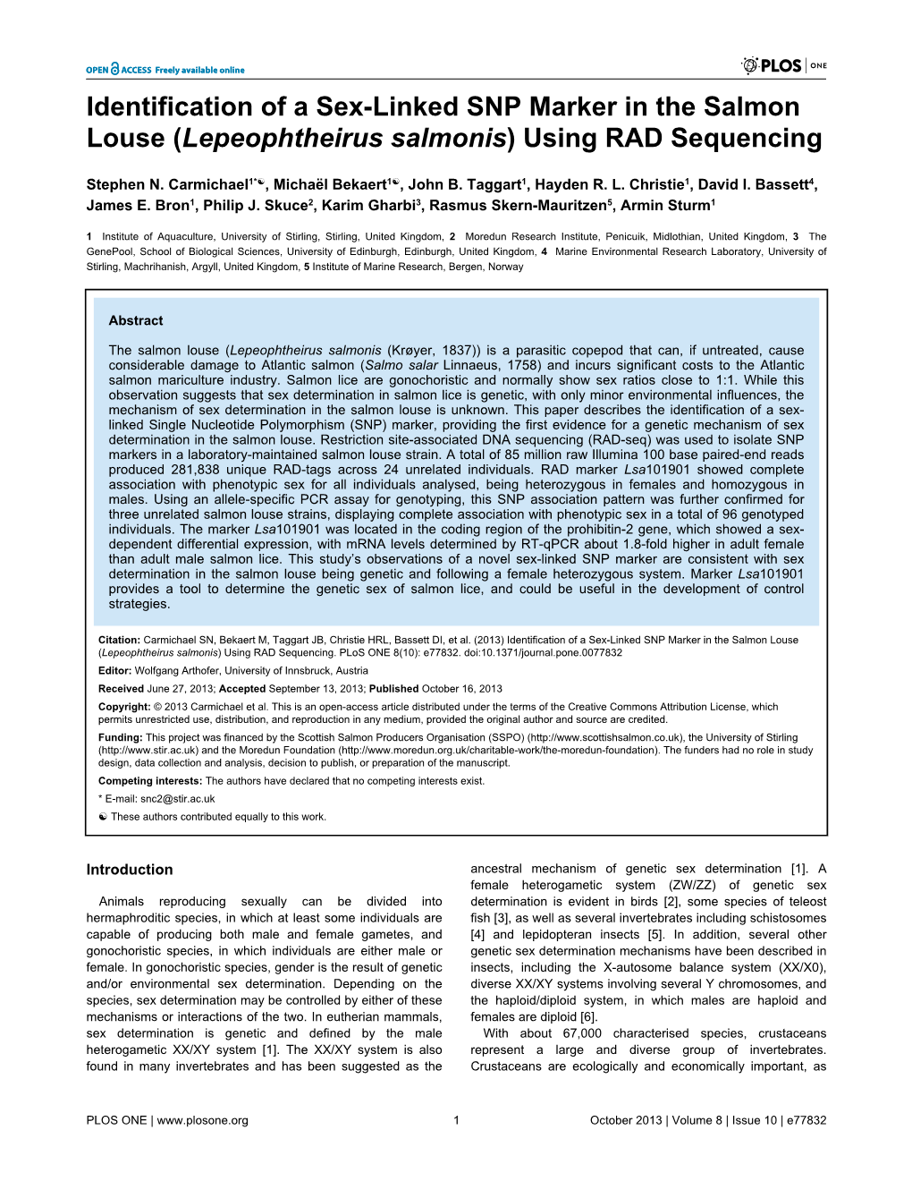 Identification of a Sex-Linked SNP Marker in the Salmon Louse (Lepeophtheirus Salmonis) Using RAD Sequencing