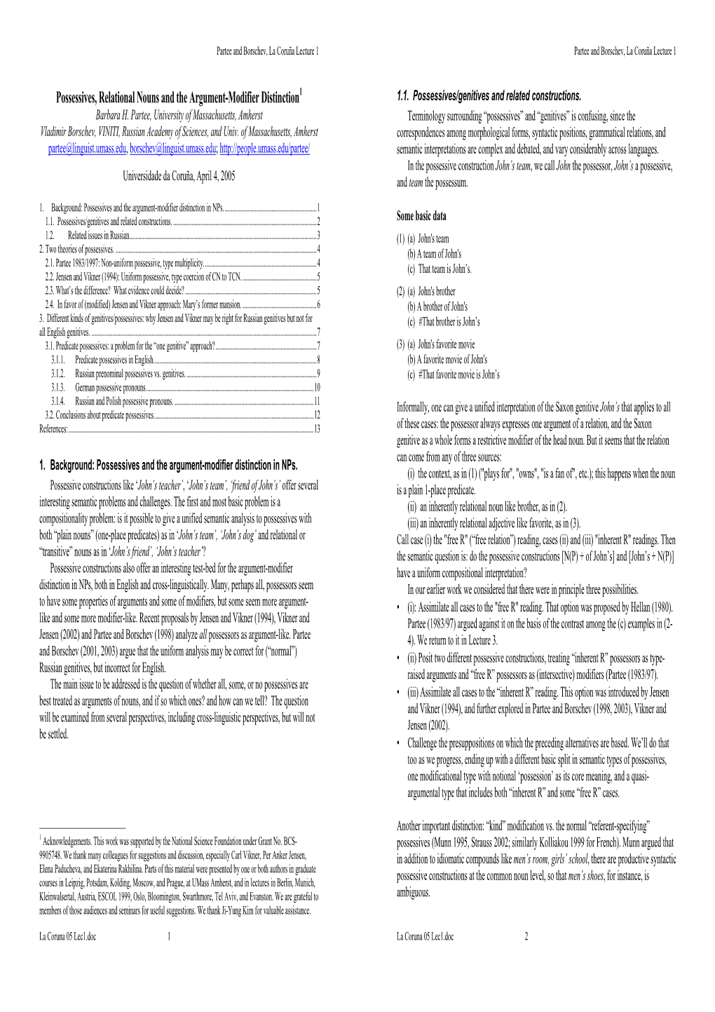 Possessives, Relational Nouns and the Argument-Modifier Distinction1 1.1