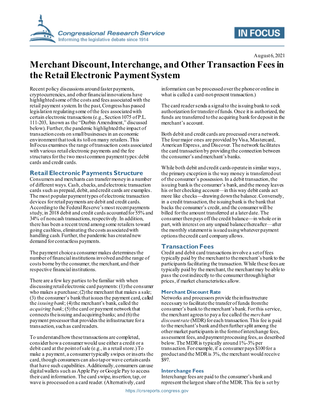 Merchant Discount, Interchange, and Other Transaction Fees in the Retail Electronic Payment System