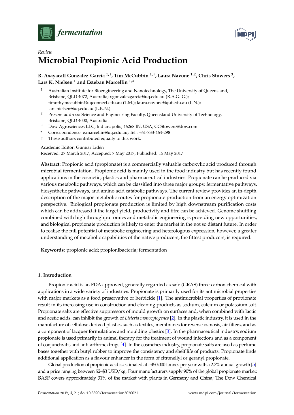 Microbial Propionic Acid Production