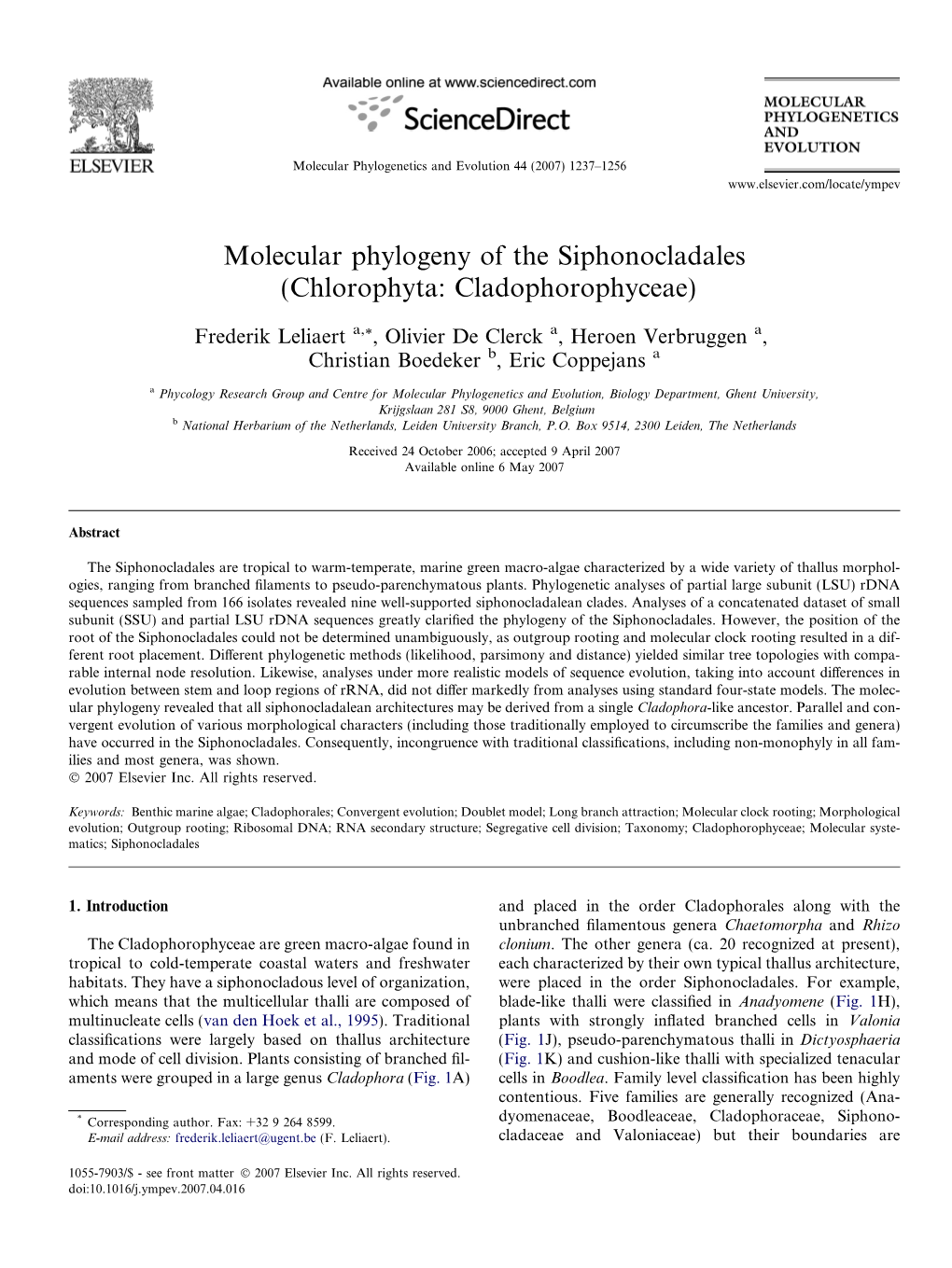 Molecular Phylogeny of the Siphonocladales (Chlorophyta: Cladophorophyceae)