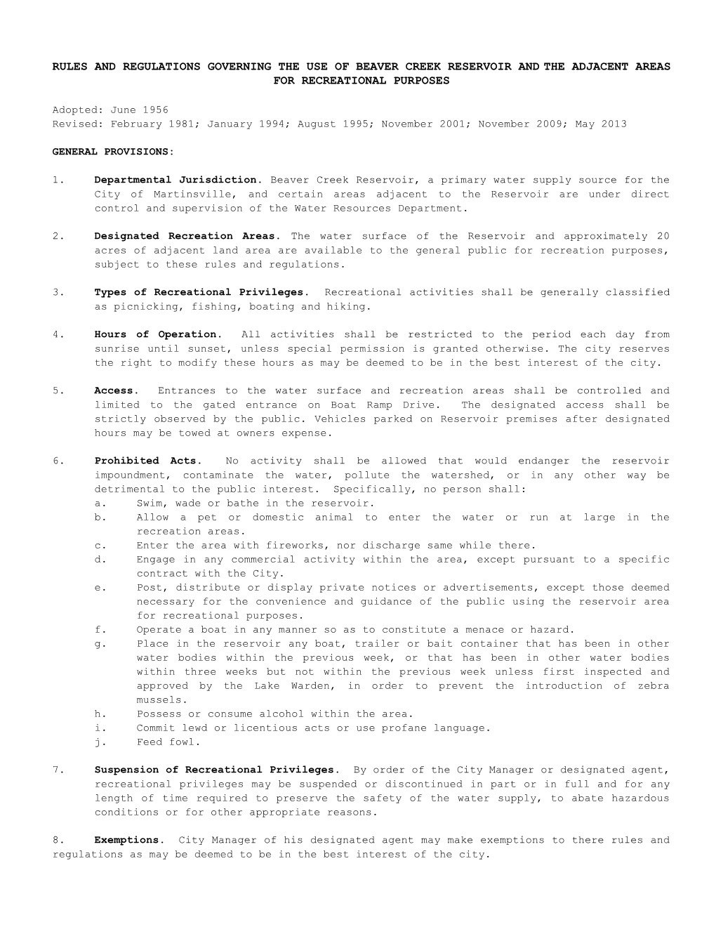 Rules and Regulations Governing the Use of Beaver Creek Reservoir and the Adjacent Areas for Recreational Purposes