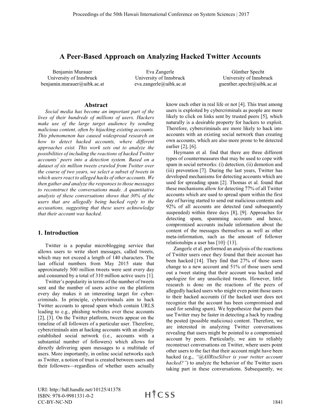 A Peer-Based Approach on Analyzing Hacked Twitter Accounts