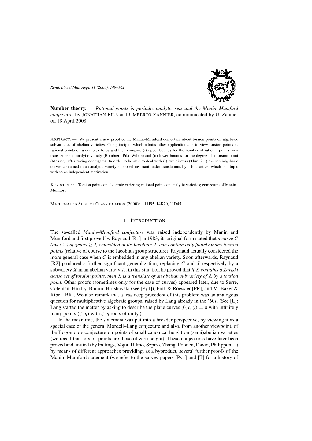 Rational Points in Periodic Analytic Sets and the Manin–Mumford Conjecture, by JONATHAN PILA and UMBERTO ZANNIER, Communicated by U