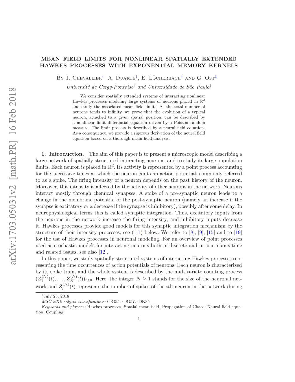 Mean Field Limits for Nonlinear Spatially Extended Hawkes Processes with Exponential Memory Kernels