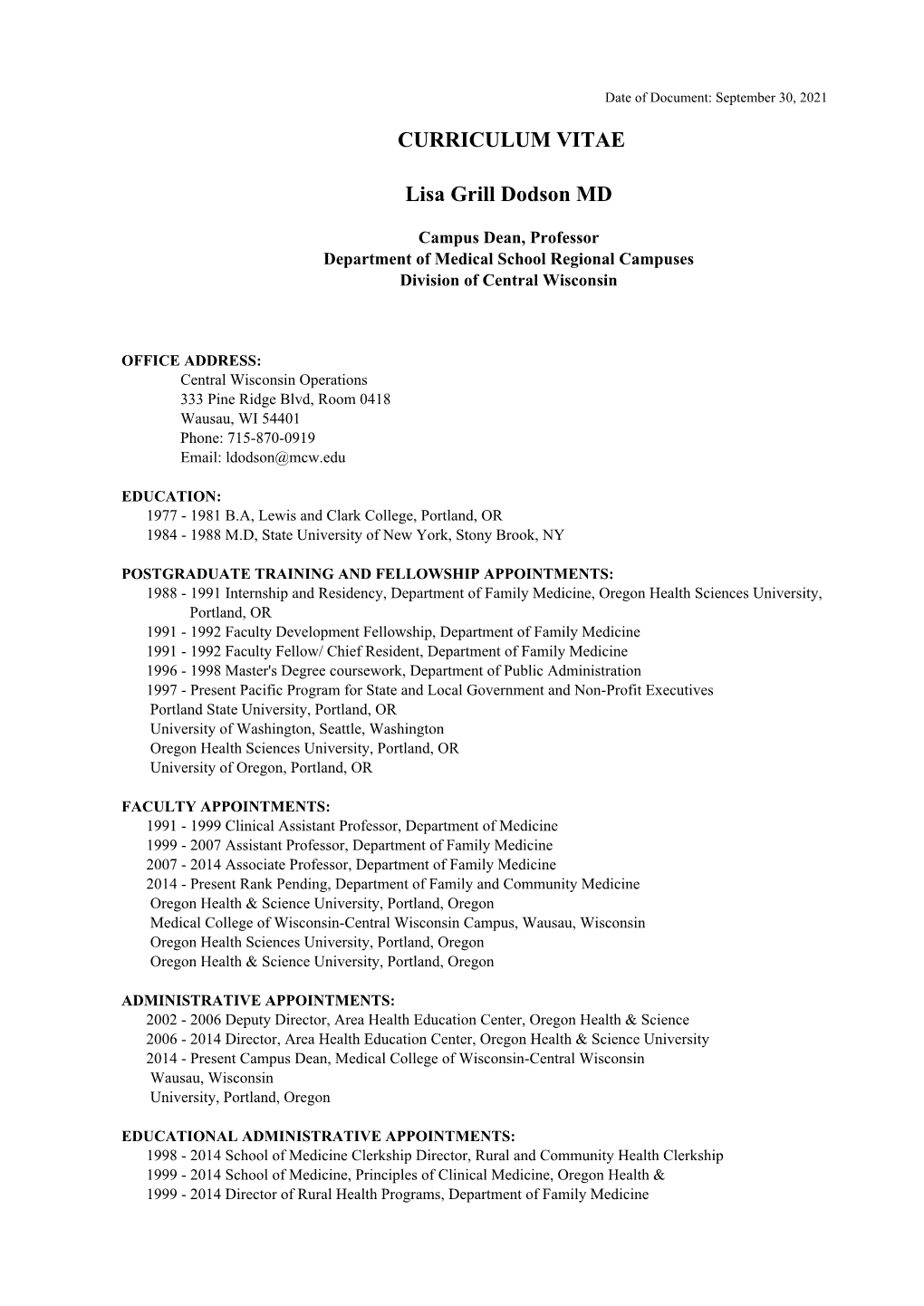 Lisa Grill Dodson MD Curriculum Vitae CV