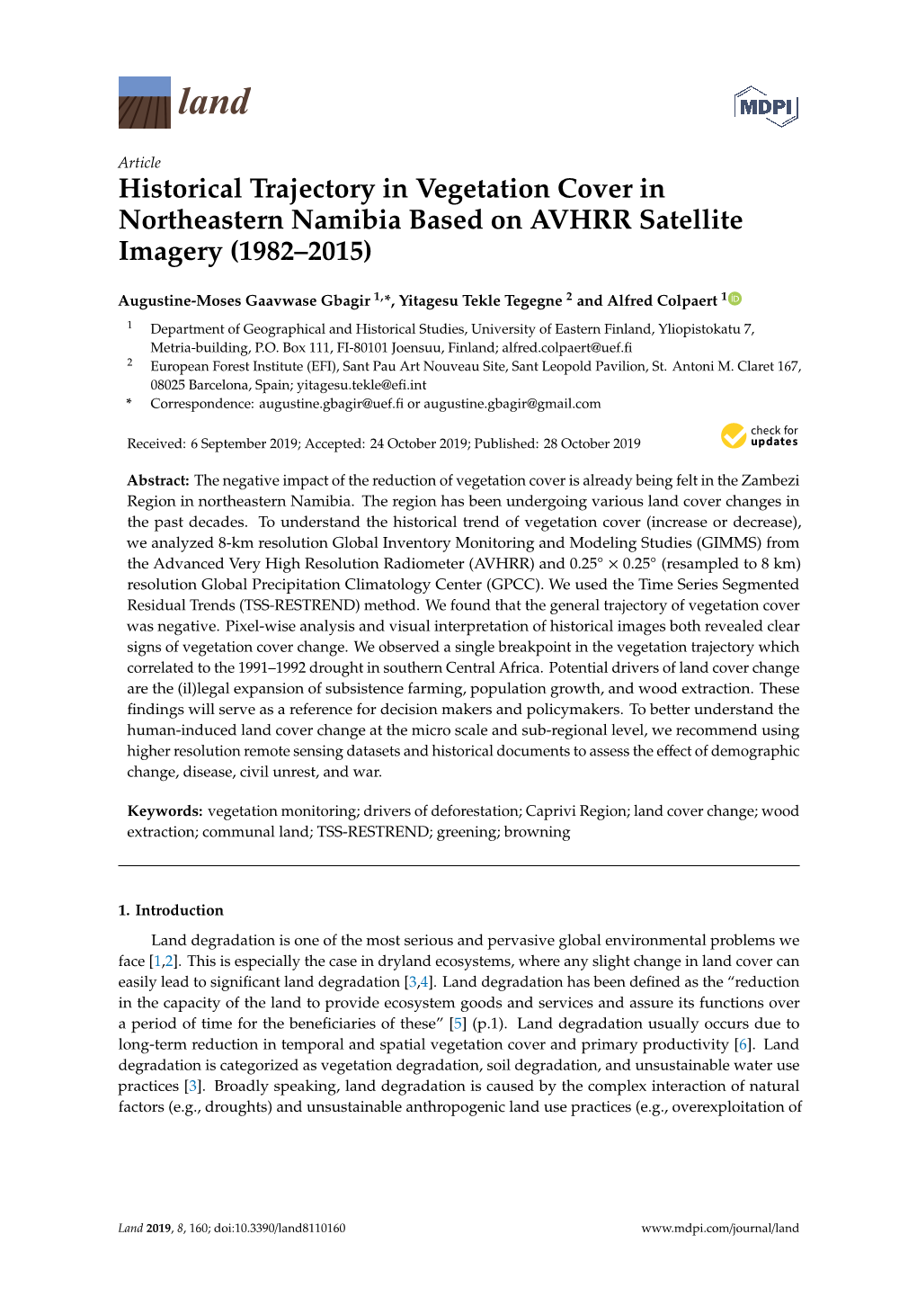 Historical Trajectory in Vegetation Cover in Northeastern Namibia Based on AVHRR Satellite Imagery (1982–2015)