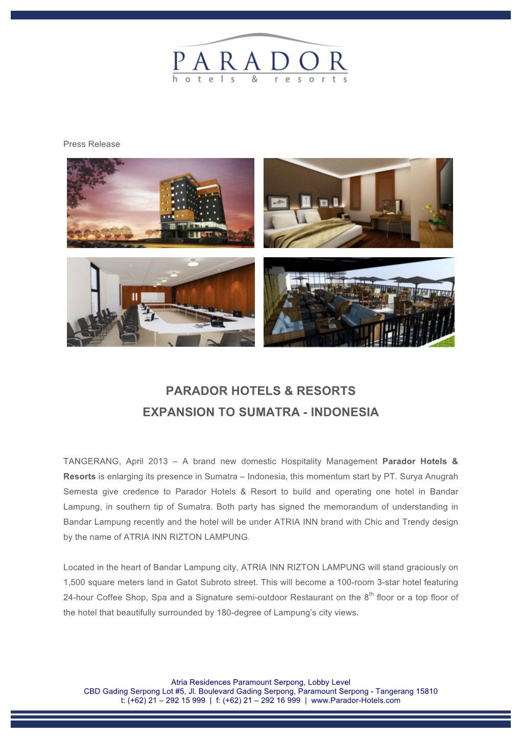Parador Hotels & Resorts Expansion to Sumatra