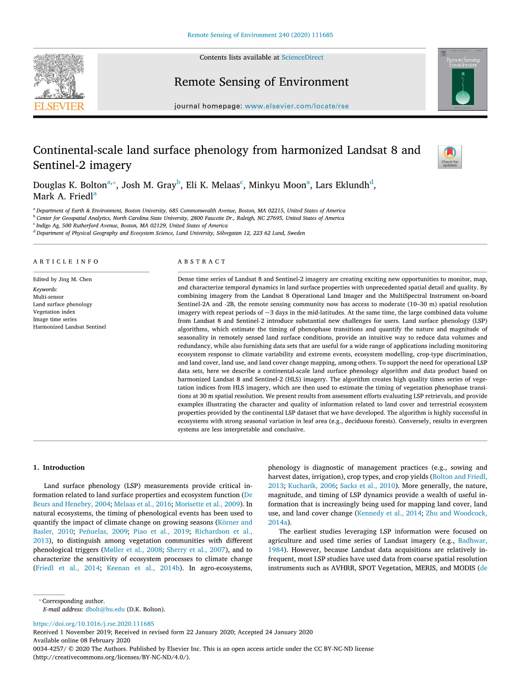 Continental-Scale Land Surface Phenology from Harmonized Landsat 8 and T Sentinel-2 Imagery ⁎ Douglas K