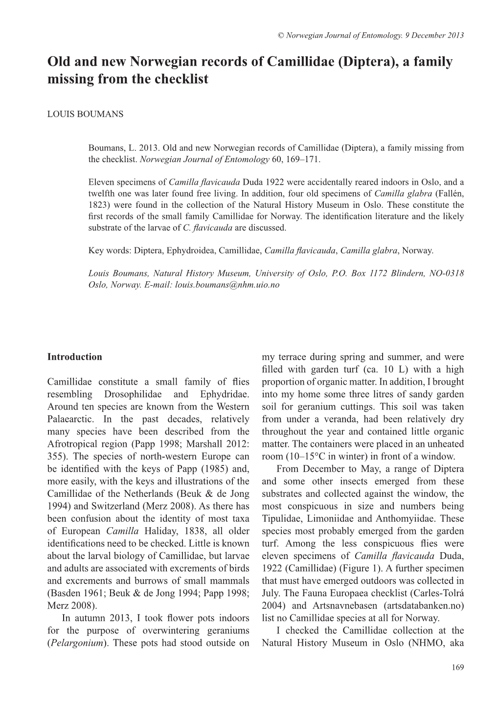 Old and New Norwegian Records of Camillidae (Diptera), a Family Missing from the Checklist