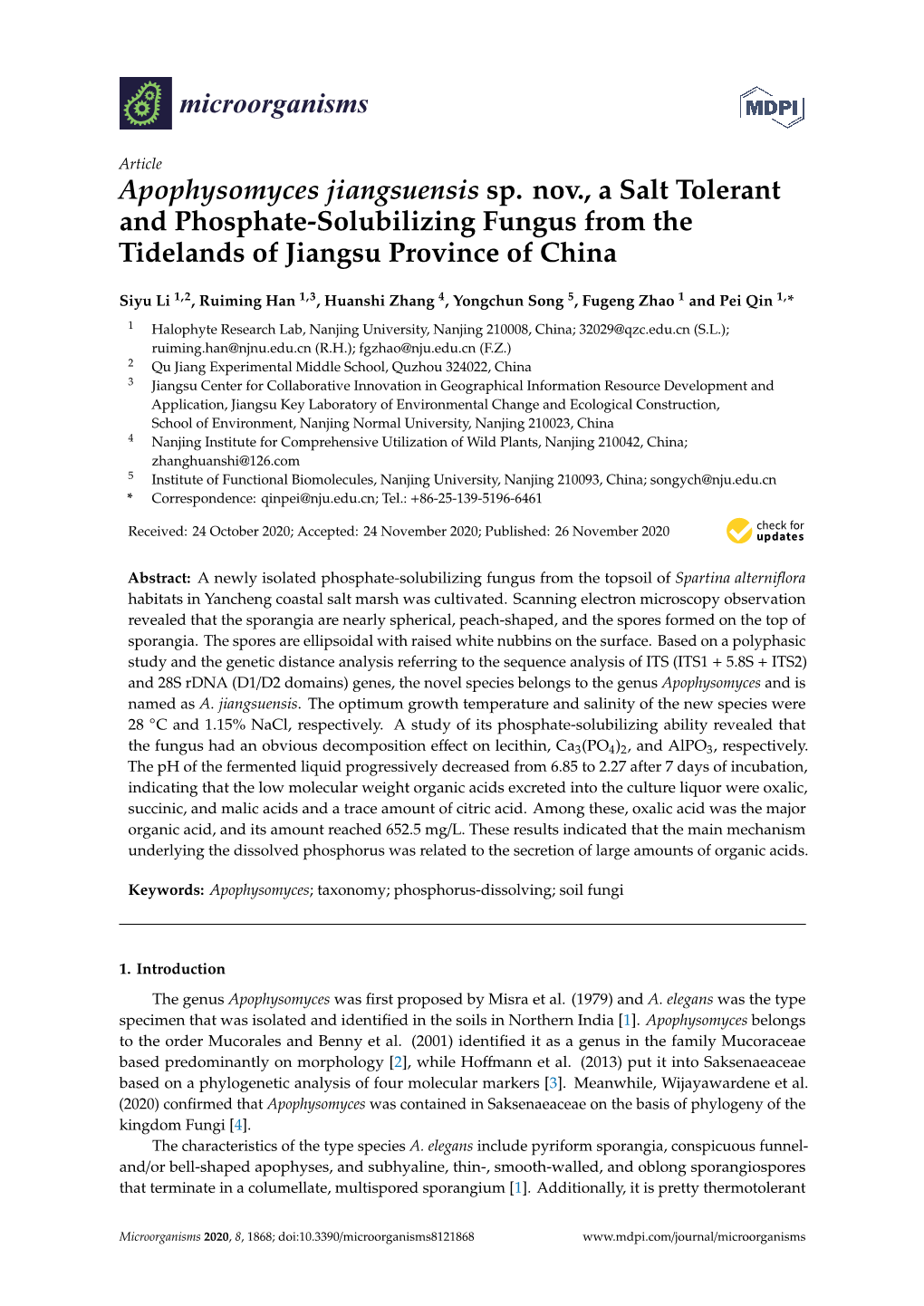 Apophysomyces Jiangsuensis Sp. Nov., a Salt Tolerant and Phosphate-Solubilizing Fungus from the Tidelands of Jiangsu Province of China