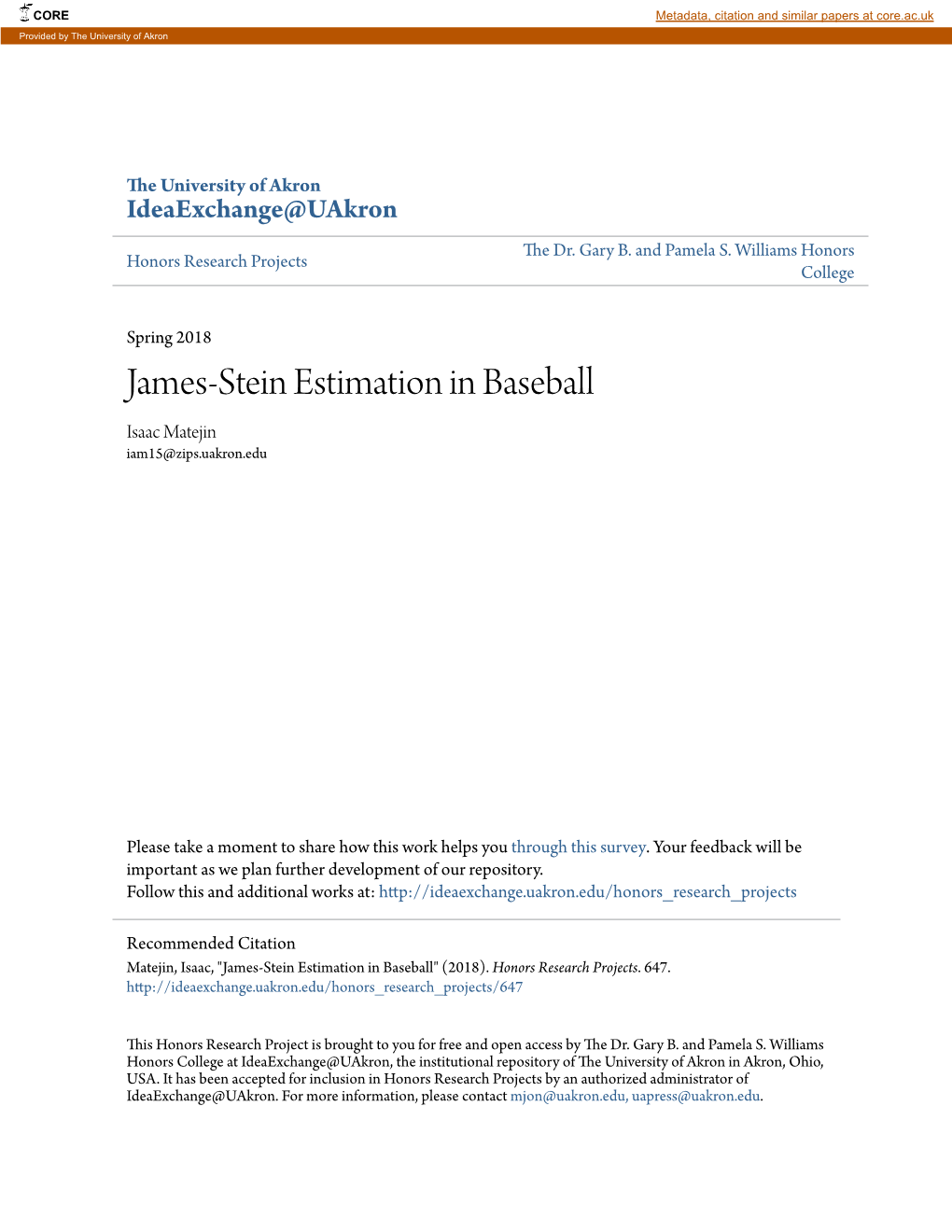 James-Stein Estimation in Baseball Isaac Matejin Iam15@Zips.Uakron.Edu