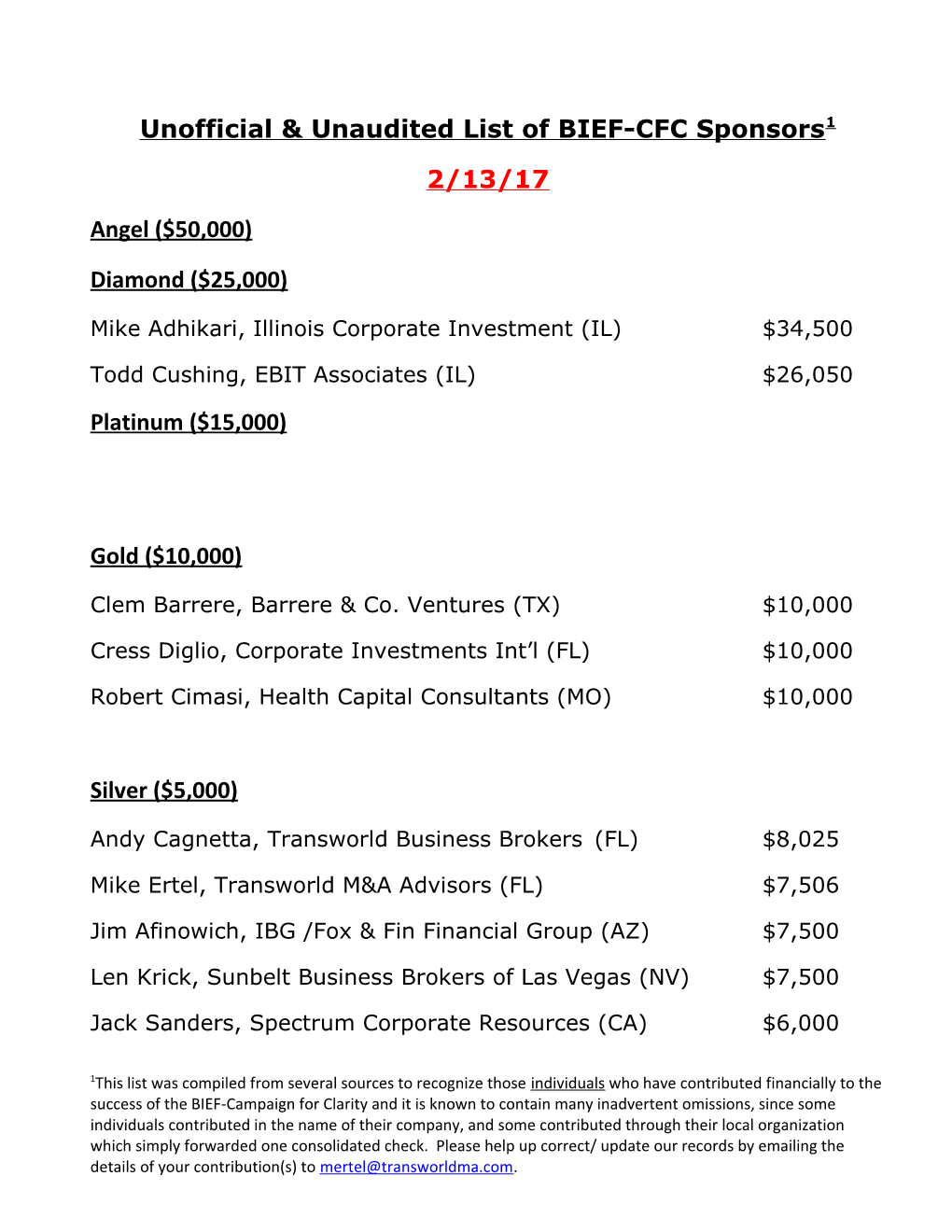 Unofficial & Unaudited List of BIEF-CFC Sponsors1