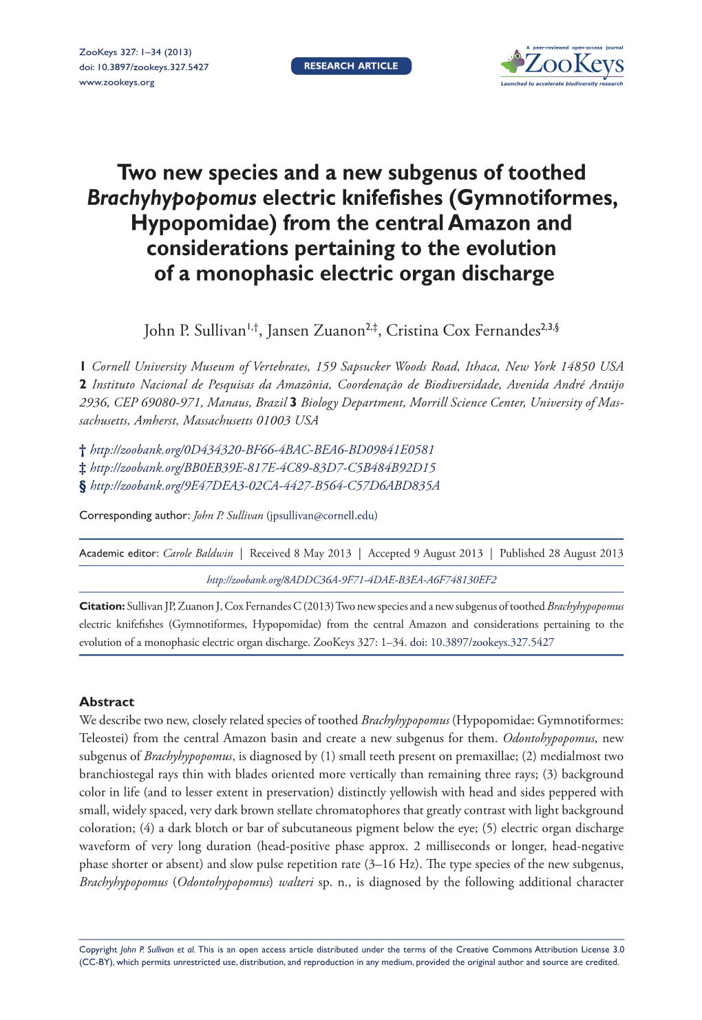 Gymnotiformes, Hypopomidae) from the Central Amazon and Considerations Pertaining to the Evolution of a Monophasic Electric Organ Discharge