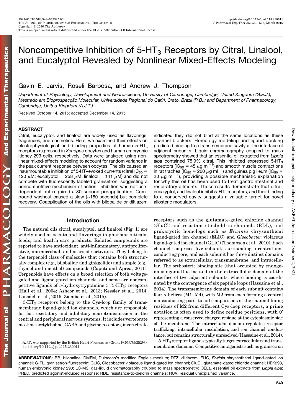 Noncompetitive Inhibition of 5-HT3 Receptors by Citral, Linalool, and Eucalyptol Revealed by Nonlinear Mixed-Effects Modeling