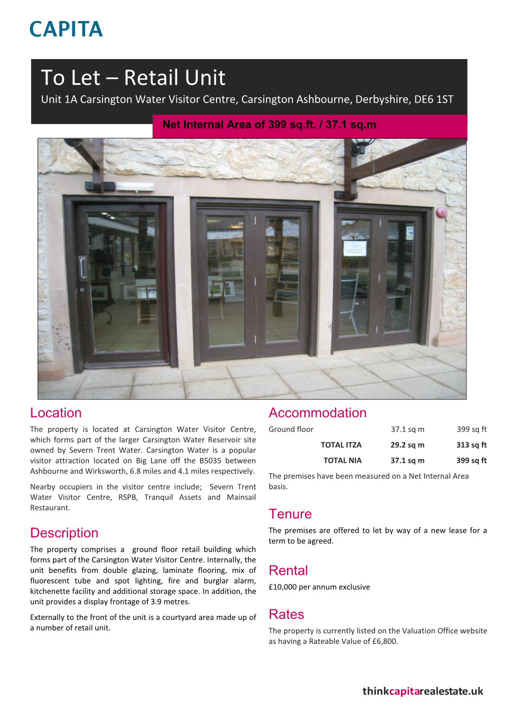 To Let – Retail Unit Unit 1A Carsington Water Visitor Centre, Carsington Ashbourne, Derbyshire, DE6 1ST