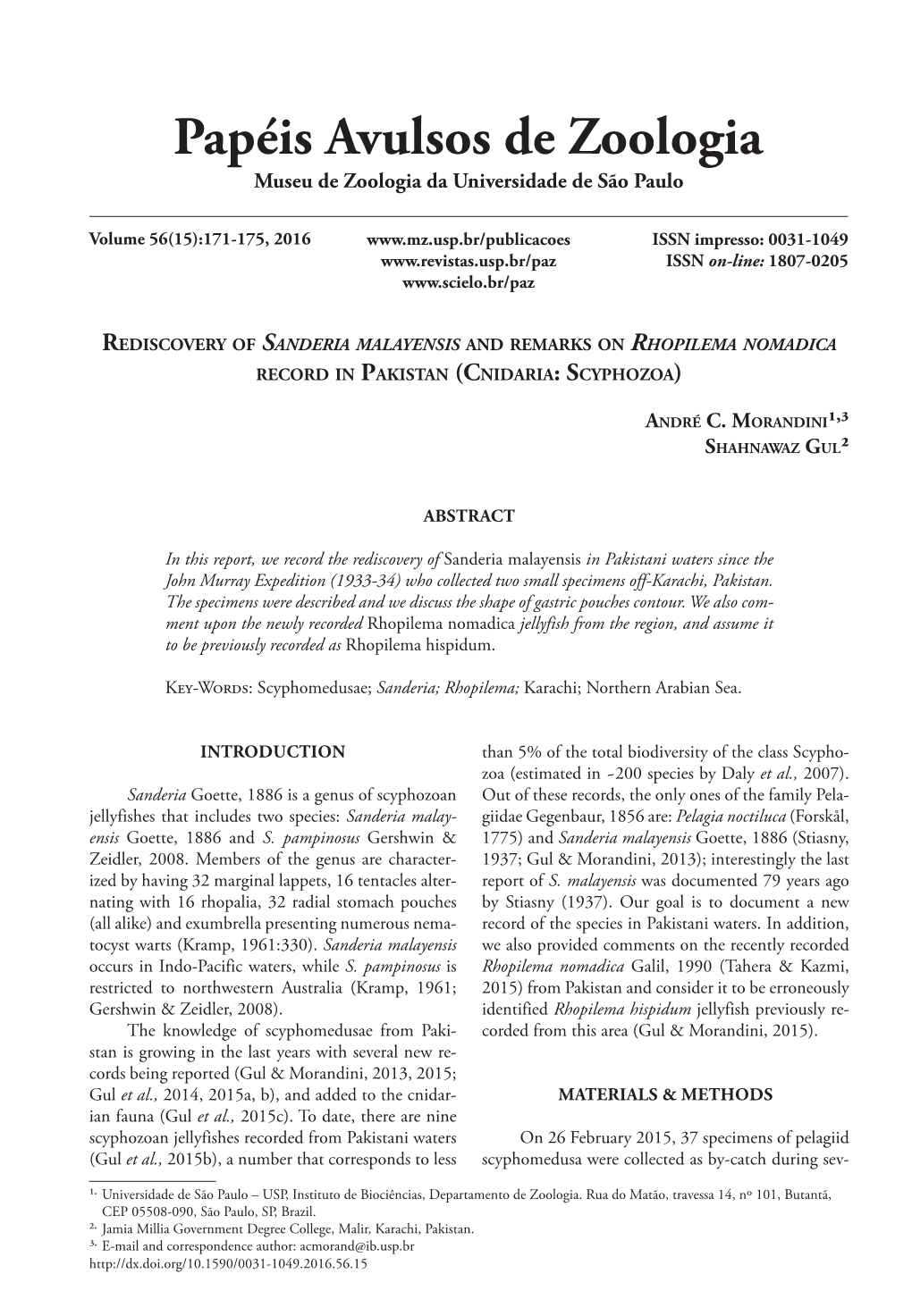 Rediscovery of Sanderia Malayensis and Remarks on Rhopilema Nomadica Record in Pakistan (Cnidaria: Scyphozoa)