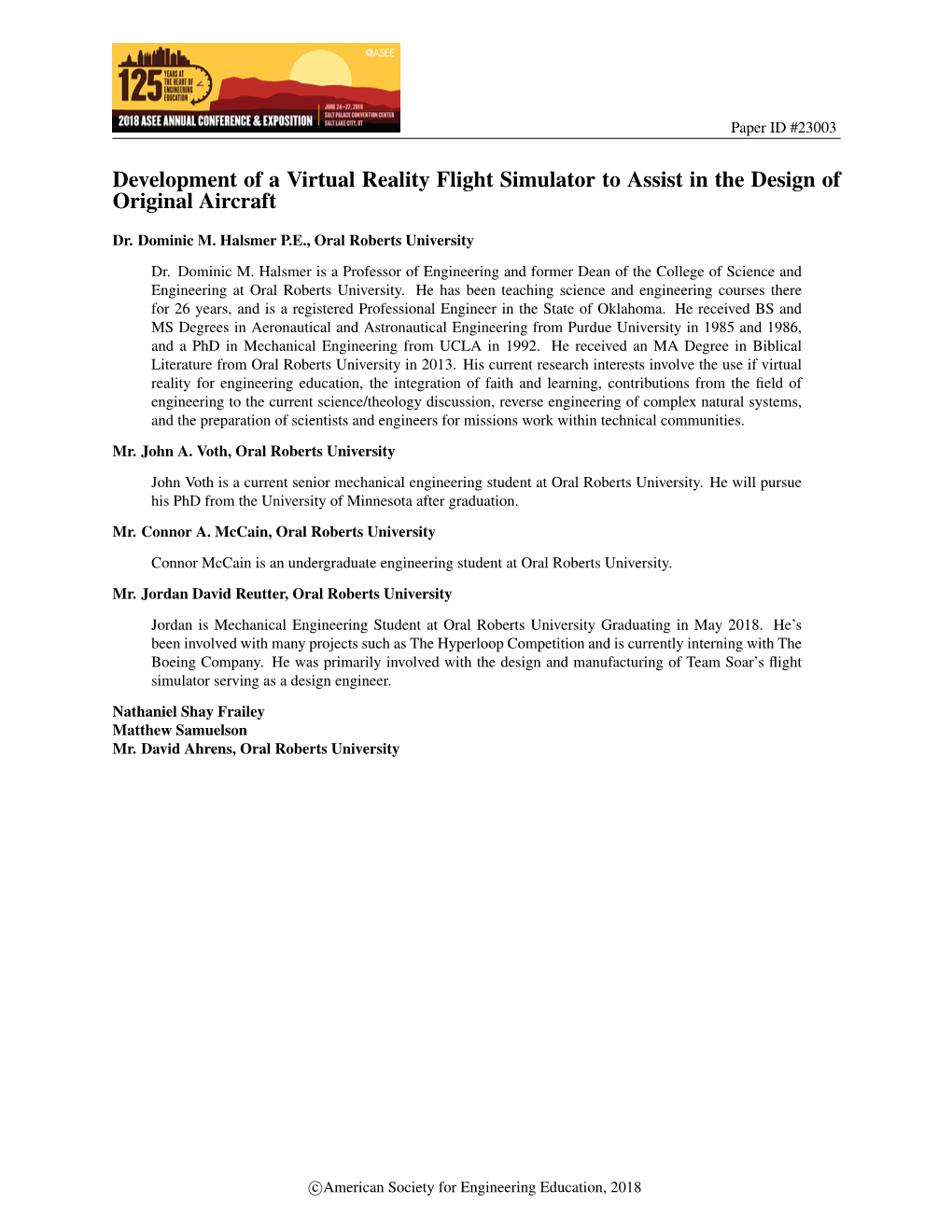 Development of a Virtual Reality Flight Simulator to Assist in the Design of Original Aircraft