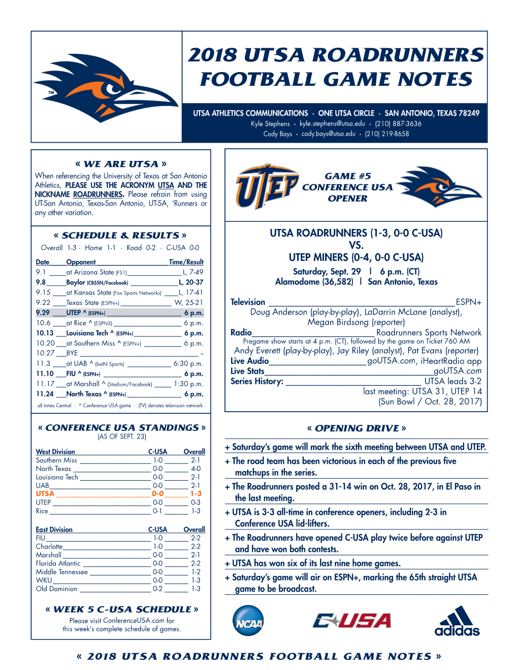 2018 Utsa Roadrunners Football Game Notes