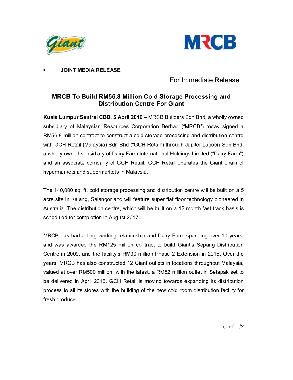 MRCB to Build RM56.8 Million Cold Storage Processing and Distribution Centre for Giant