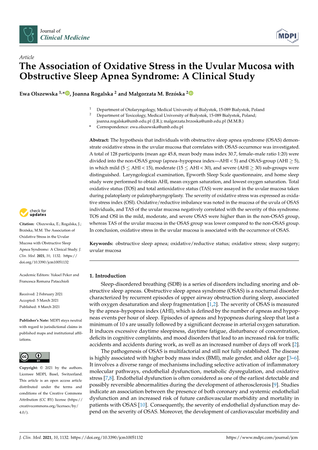 The Association of Oxidative Stress in the Uvular Mucosa with Obstructive Sleep Apnea Syndrome: a Clinical Study