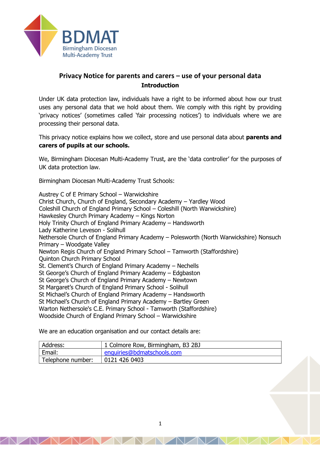 Privacy Notice for Parents and Carers – Use of Your Personal Data Introduction