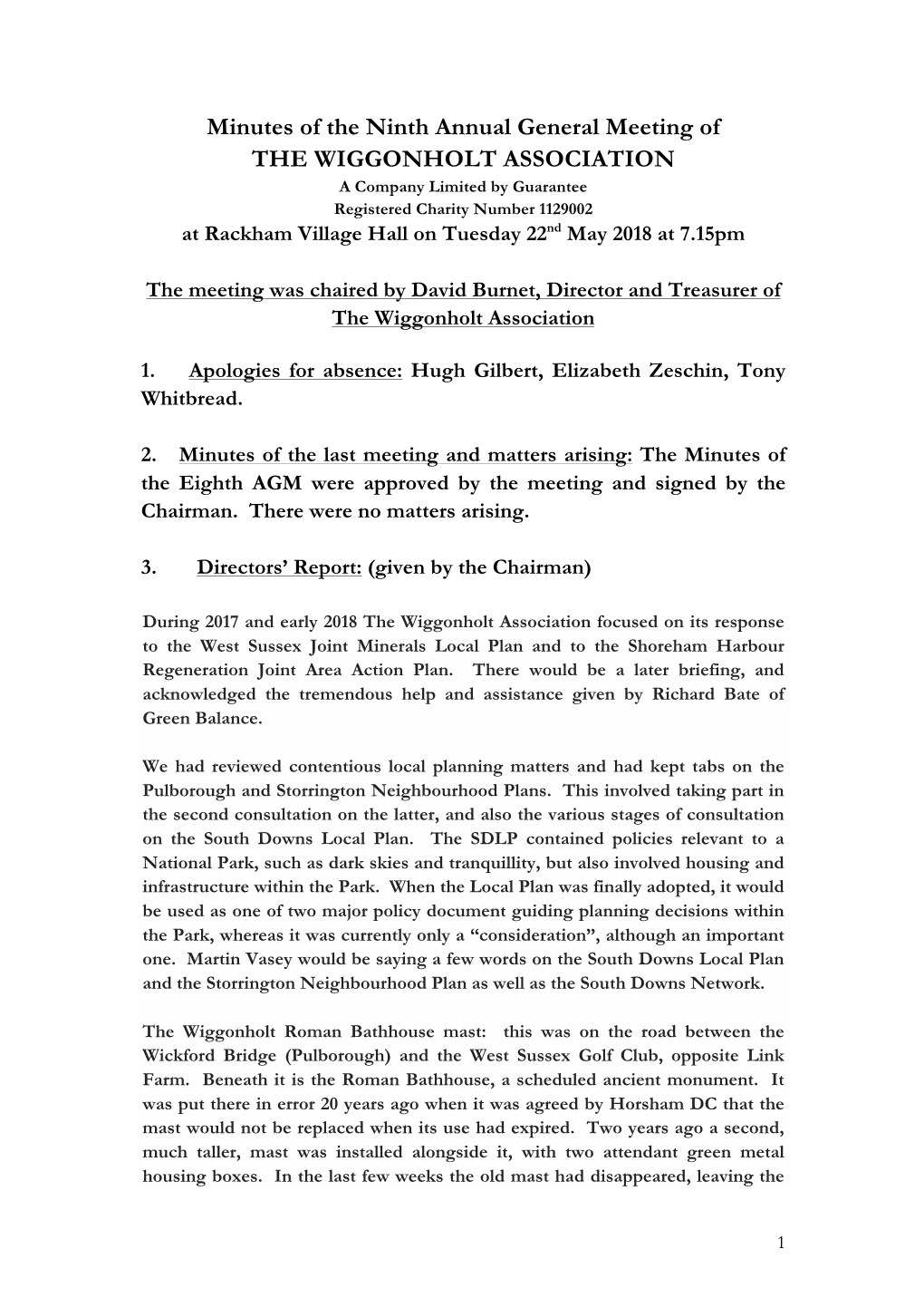 Minutes of the Ninth Annual General Meeting of the WIGGONHOLT