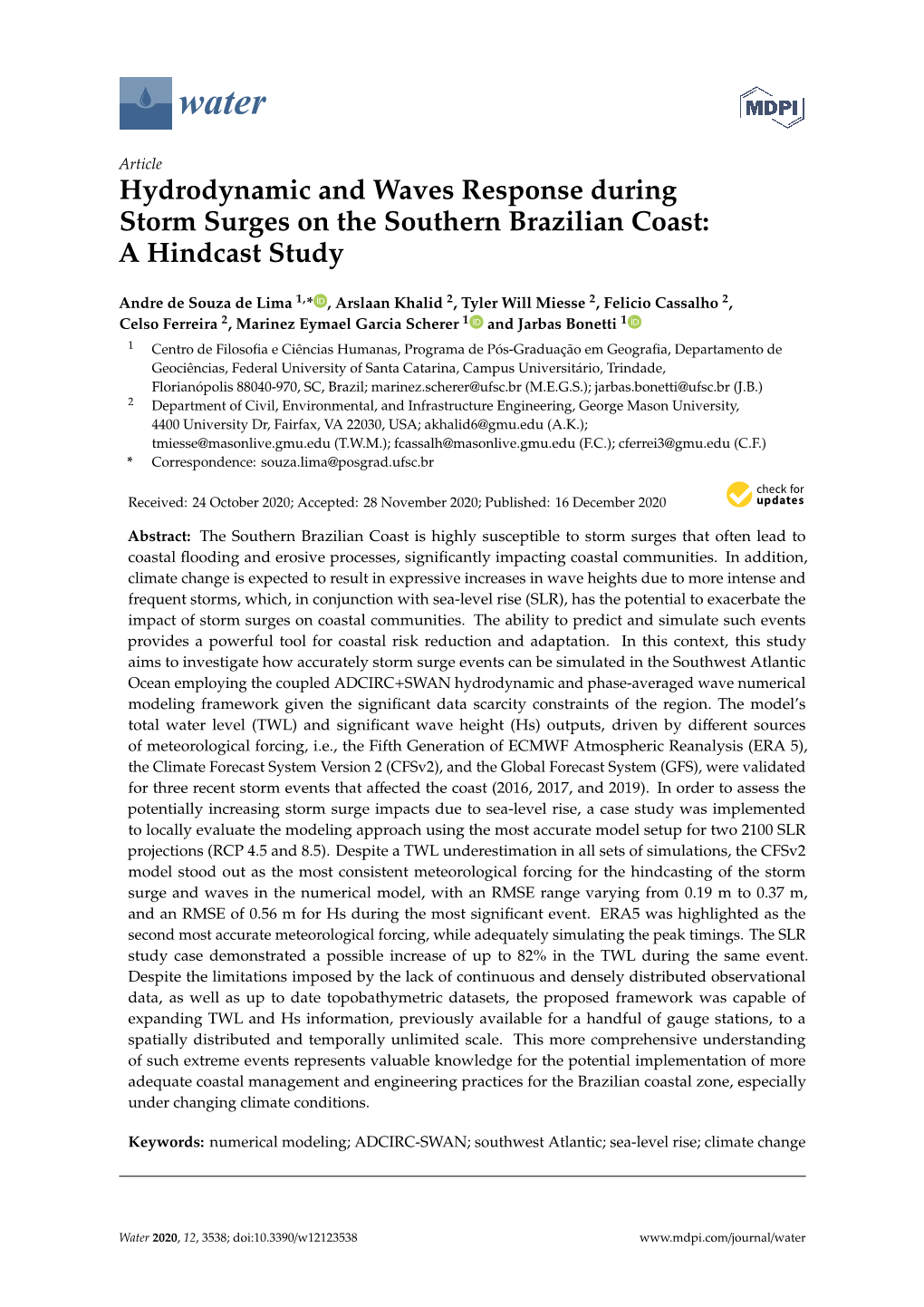 Hydrodynamic and Waves Response During Storm Surges on the Southern Brazilian Coast: a Hindcast Study