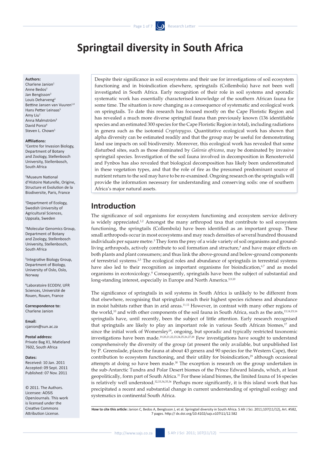 Springtail Diversity in South Africa