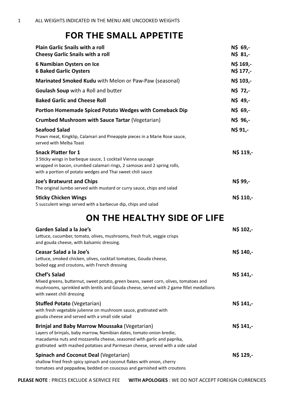 A La Carte Menu Dec 2020