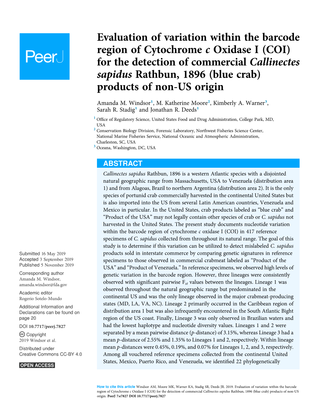 COI) for the Detection of Commercial Callinectes Sapidus Rathbun, 1896 (Blue Crab) Products of Non-US Origin