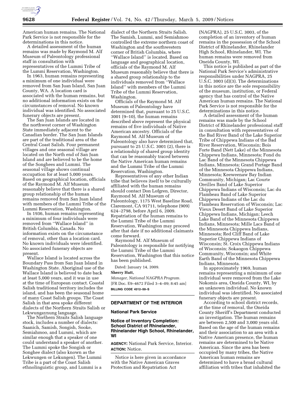 Federal Register/Vol. 74, No. 42/Thursday, March 5, 2009/Notices