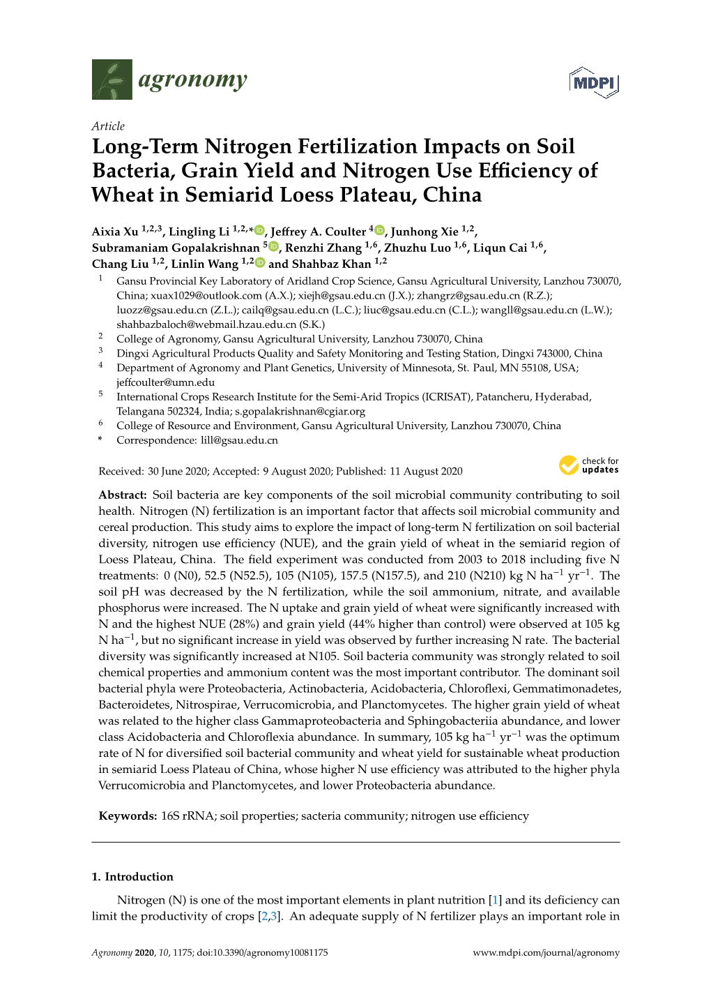 Long-Term Nitrogen Fertilization Impacts on Soil Bacteria, Grain Yield and Nitrogen Use Eﬃciency of Wheat in Semiarid Loess Plateau, China