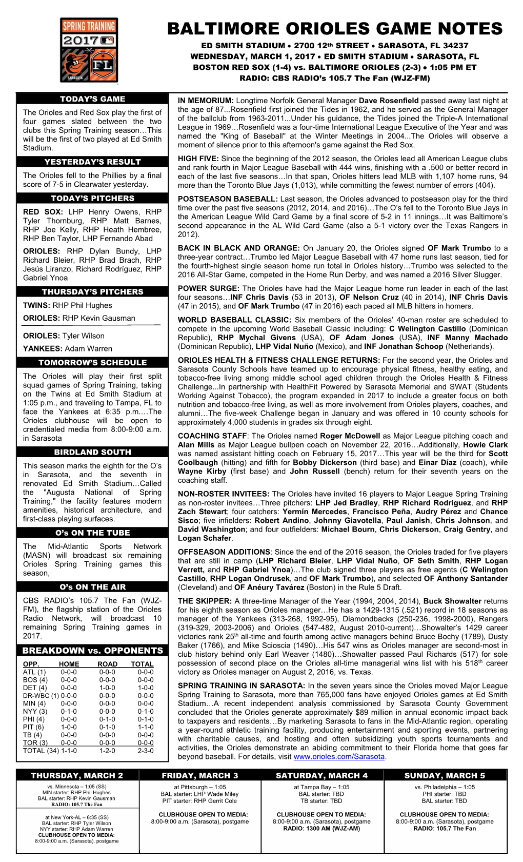 Baltimore Orioles Game Notes