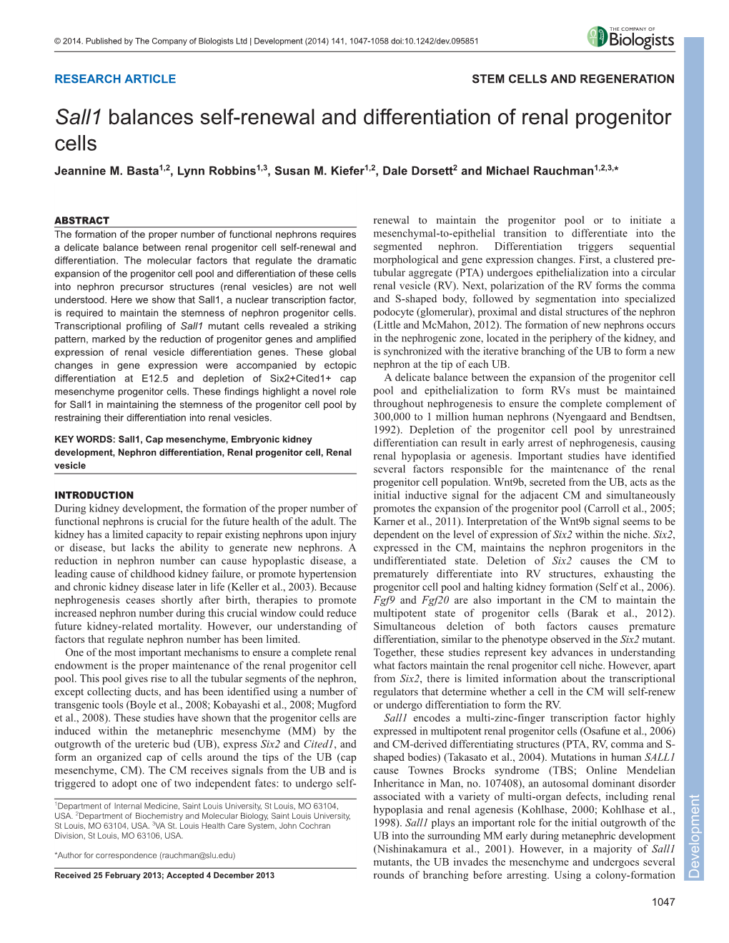 Sall1 Balances Self-Renewal and Differentiation of Renal Progenitor Cells Jeannine M