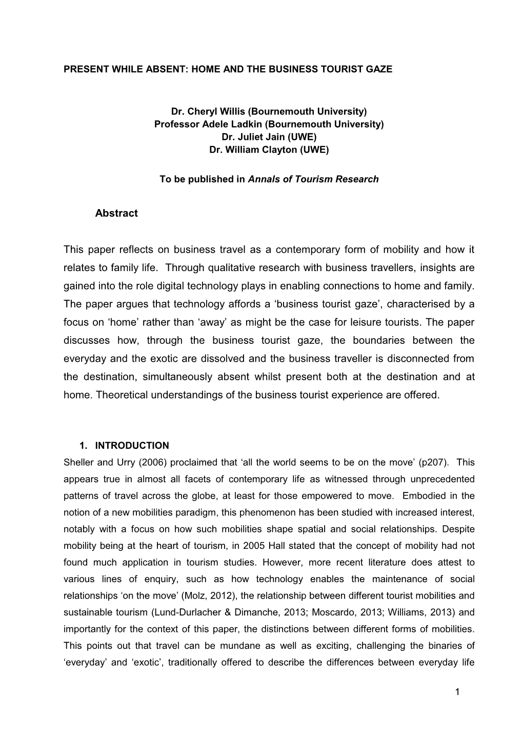 Abstract This Paper Reflects on Business Travel As a Contemporary