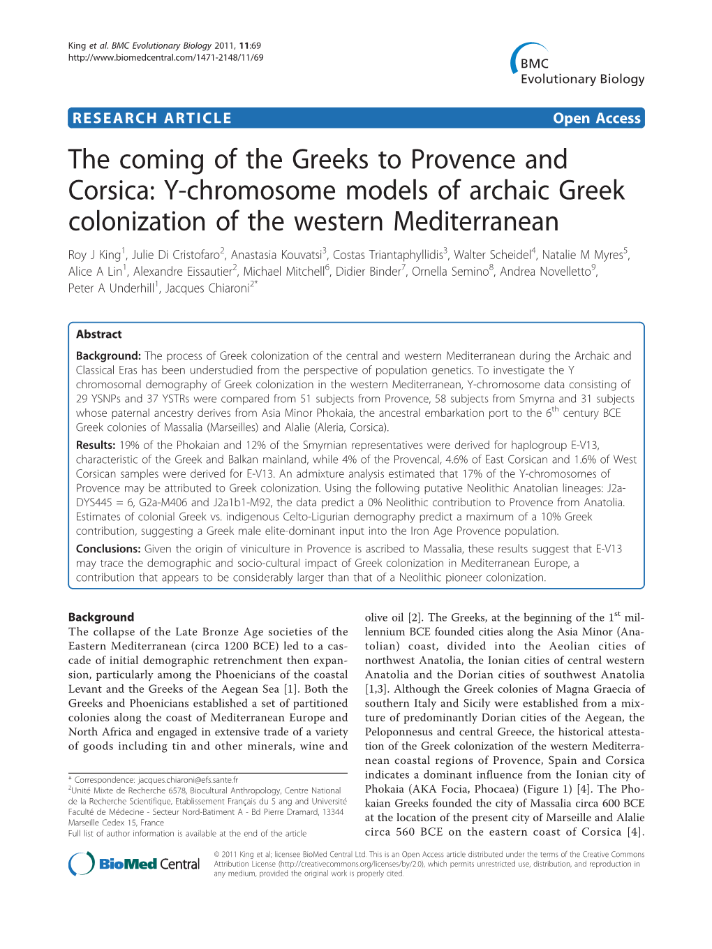 The Coming of the Greeks to Provence and Corsica: Y-Chromosome Models of Archaic Greek Colonization of the Western Mediterranean