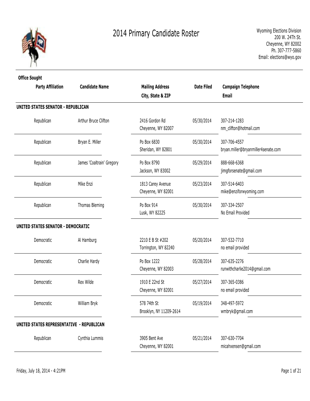 2014 Primary Candidate Roster 200 W