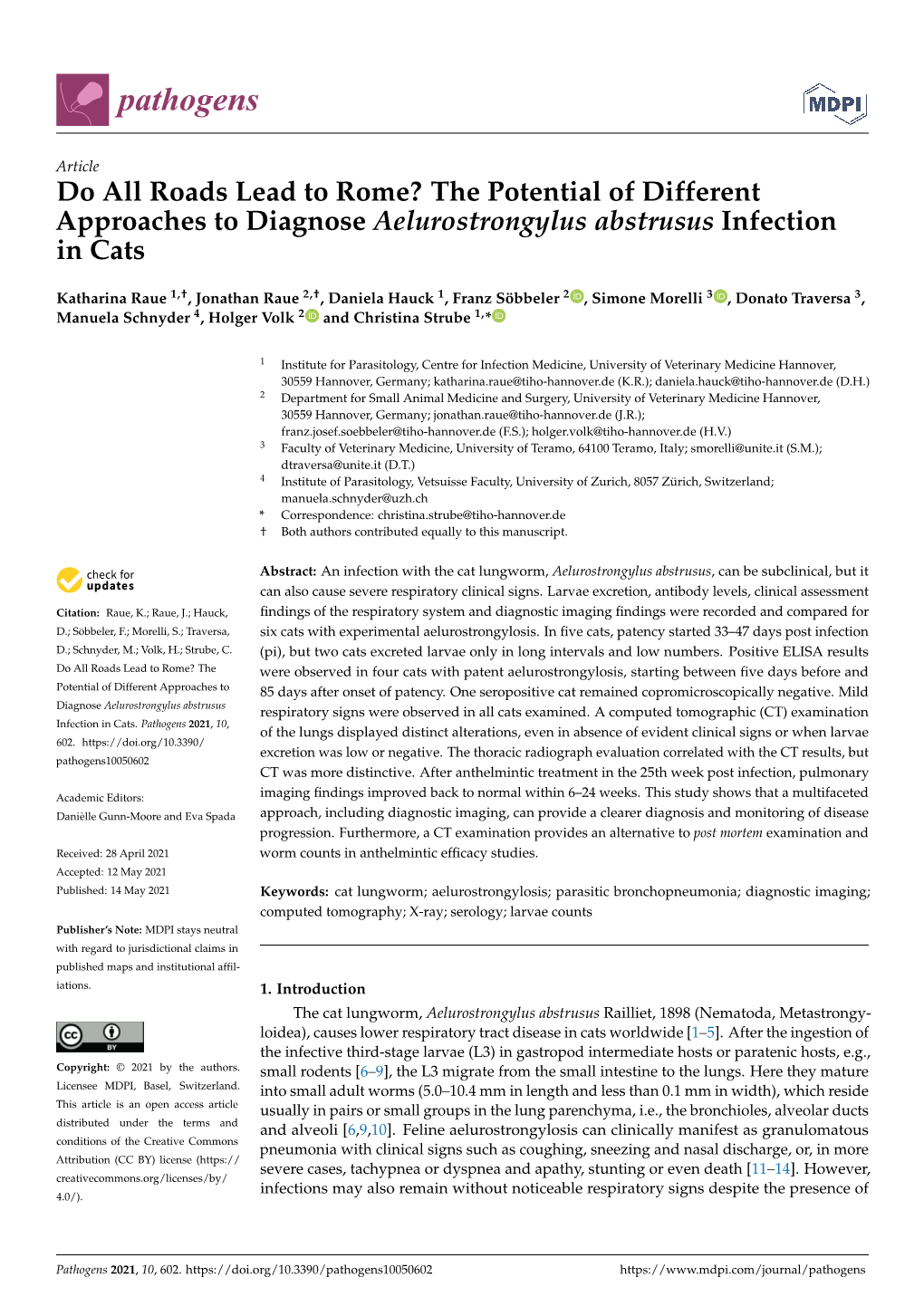 Do All Roads Lead to Rome? the Potential of Different Approaches to Diagnose Aelurostrongylus Abstrusus Infection in Cats