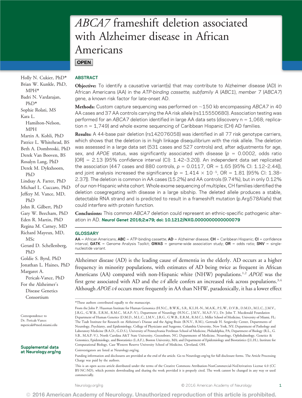 ABCA7 Frameshift Deletion Associated with Alzheimer Disease in African Americans